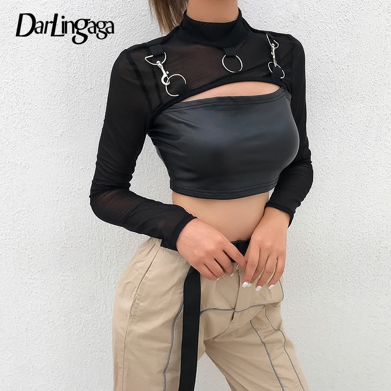 Прозрачный сетчатый топ Darlingaga с воротником хомут укороченный длинным рукавом