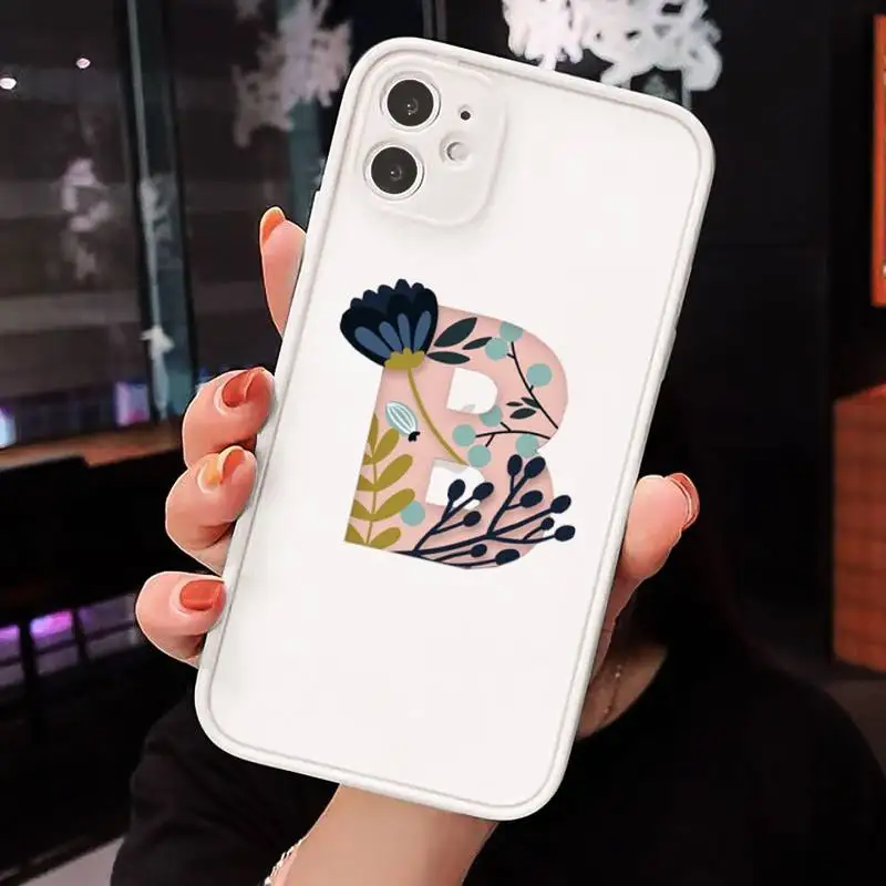 

Phone Case For iPhone 12 11 Mini Pro XR XS Max 7 8 Plus X Custom 26 letter flower Matte transparent White Cover