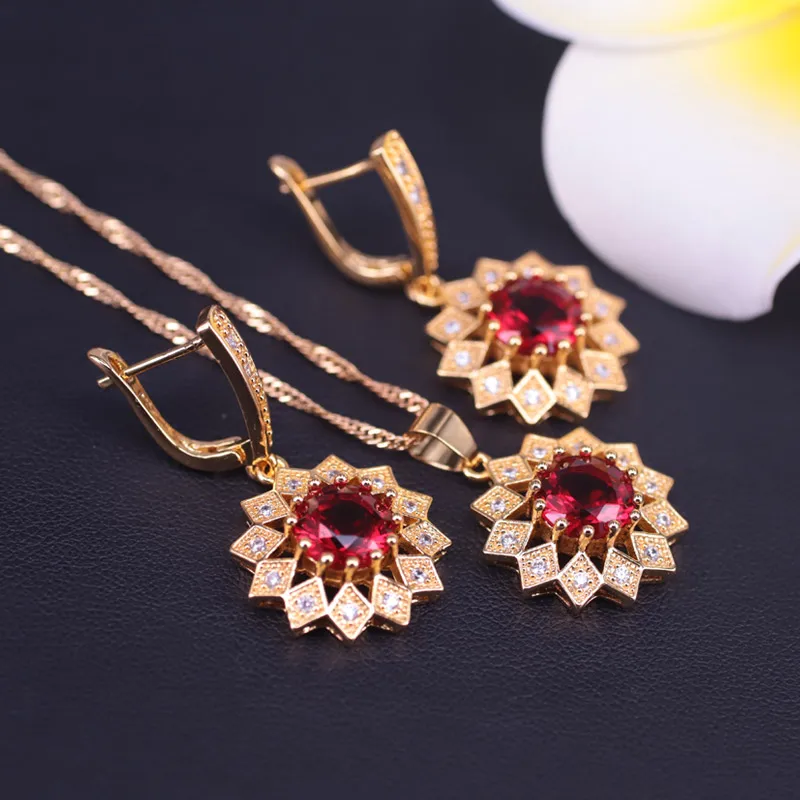 Высшее качество Подсолнухи красный камень золотой цвет костюм серьги ожерелье