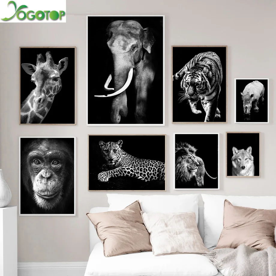 Черно-белый слон Обезьяна Тигр жираф животное скандинавский Детский Настенный
