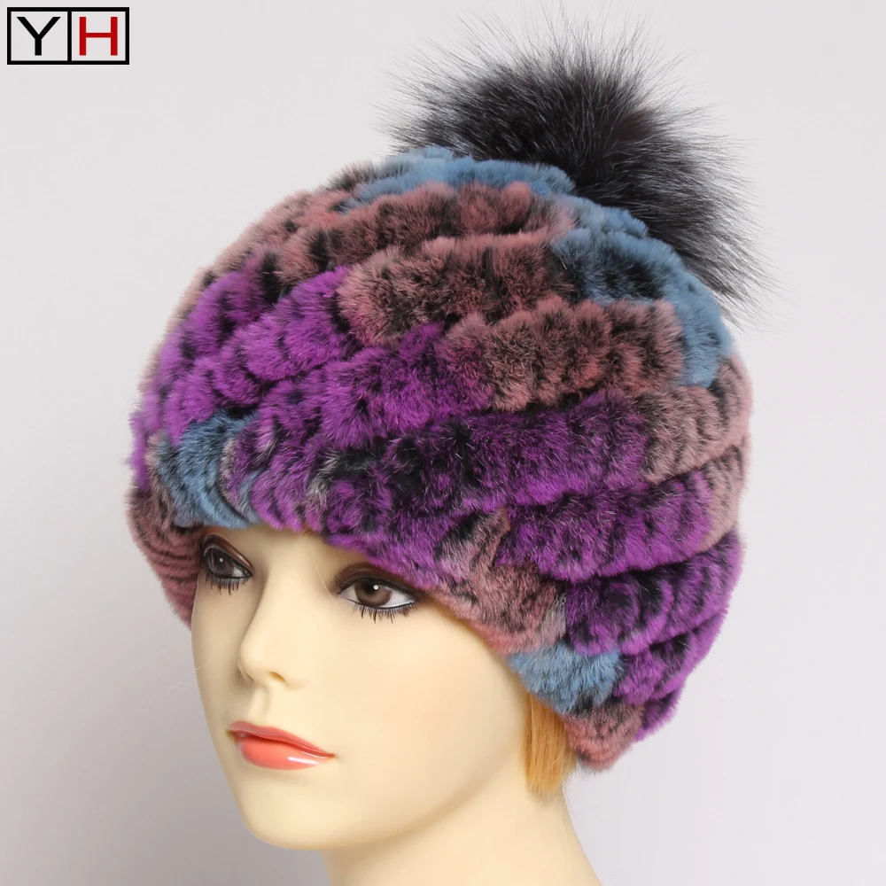 Горячая распродажа натуральная вязаные шапки из меха кролика рекс Для женщин