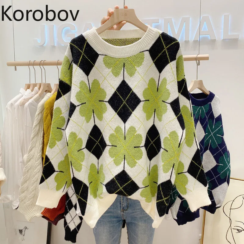 

Korobov 2021 New Autumn Korean Preppy Style Women Knitted Pullovers Sweaters Japanese Sweet Jumper Vintage Flower Sueter Mujer