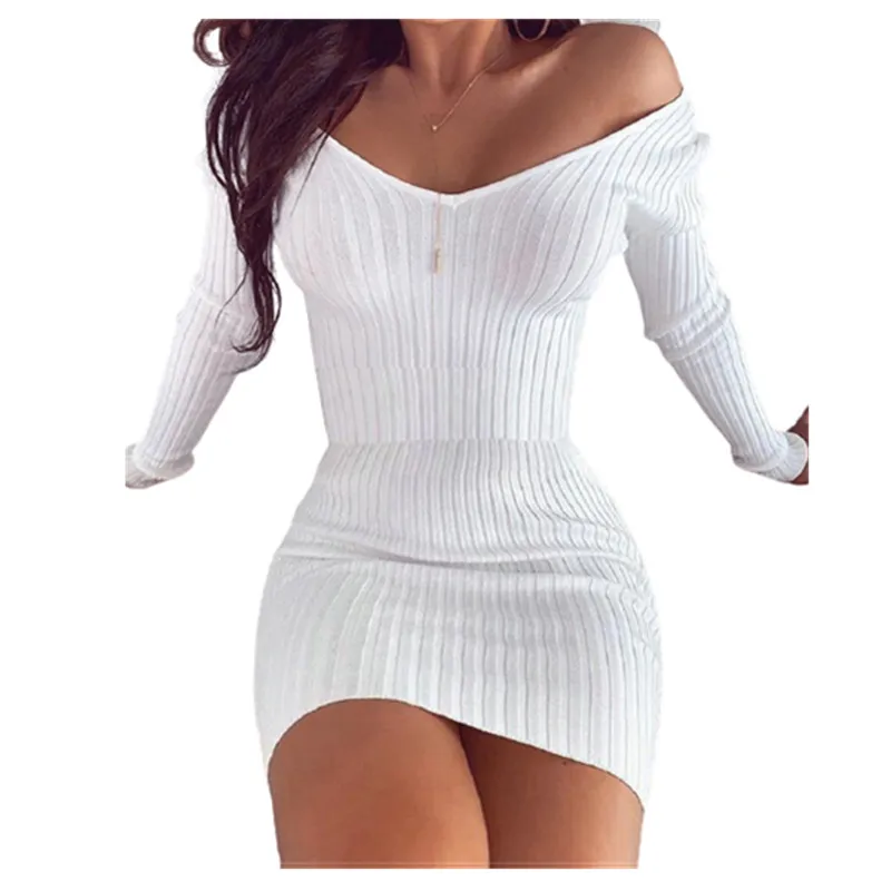 

Solid Mini Dress Casual Elastic Long Sleeve Bodycon Elegant Women Dress 2021 Autumn Sexy V-Neck Club Party Slim Dresses Vestidos