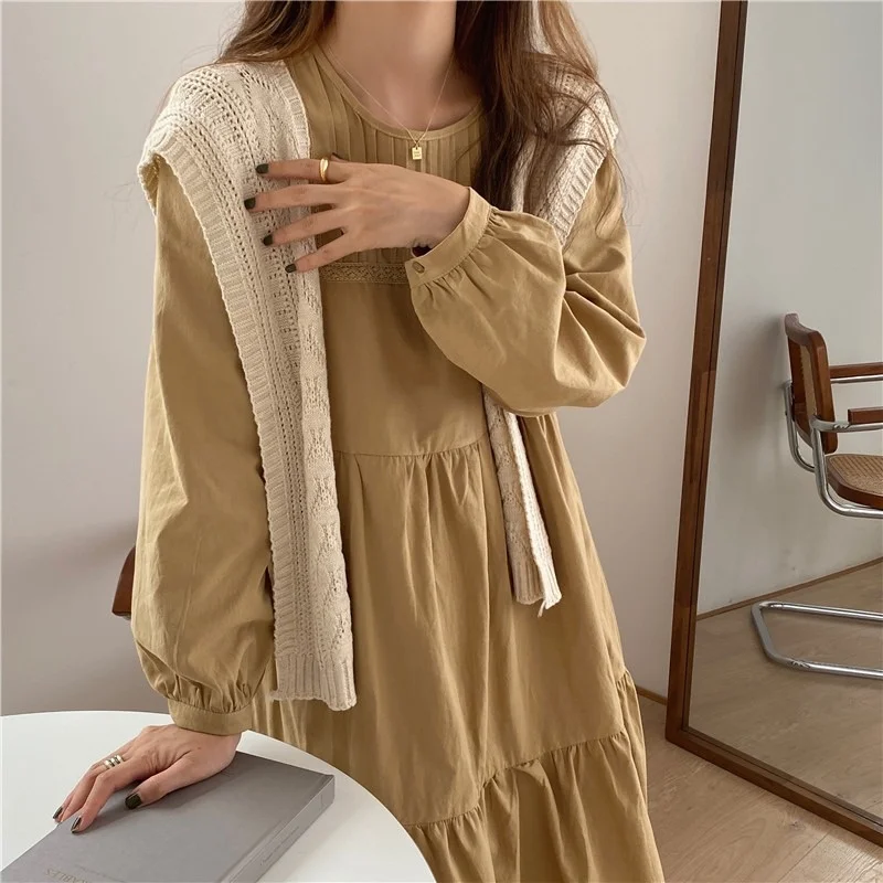 

2021 Dresses Spring New Korean Round Neck Long Sleeve Loose Thin Lady Shawl Two-piece Dress Long Skirt