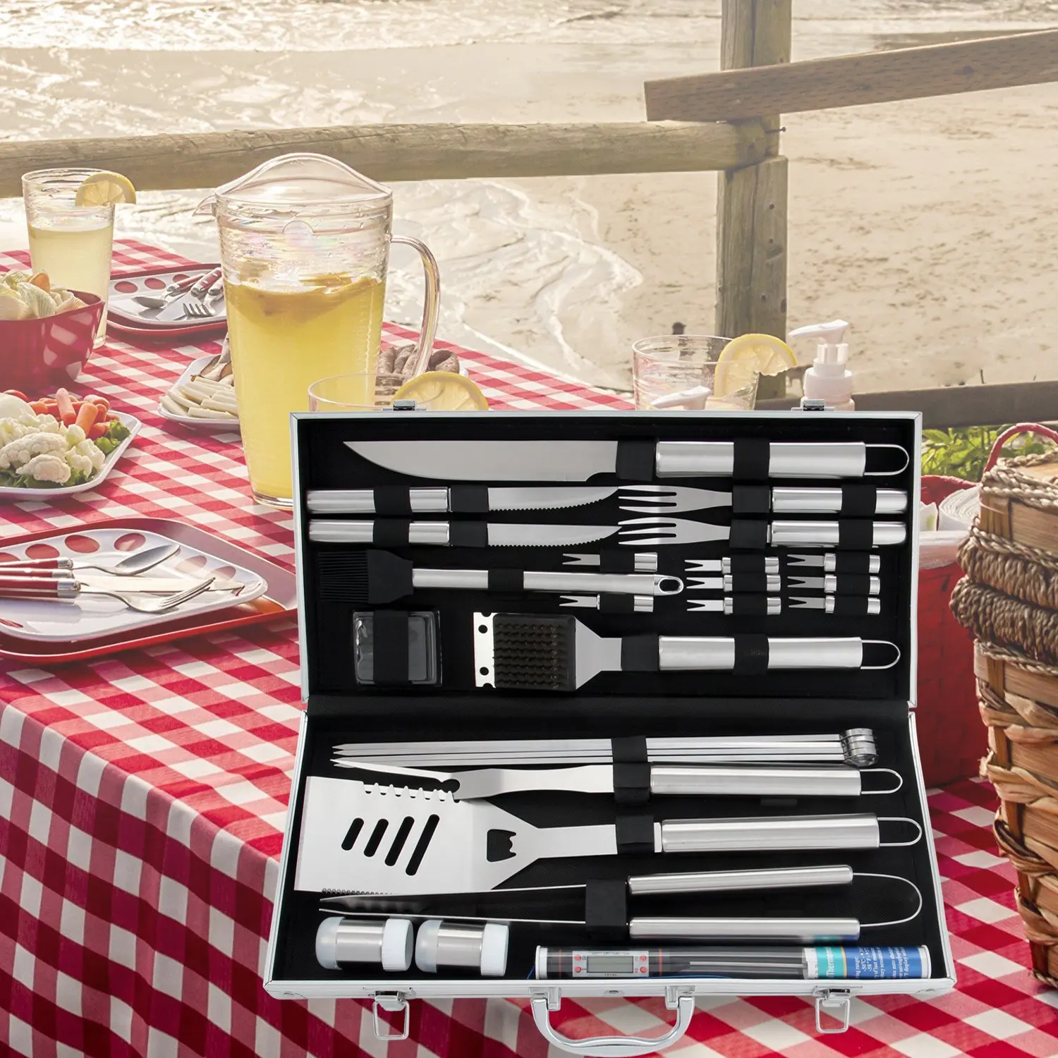 Stainless Steel BBQ Tools Set Barbecue Grilling Utensil Accessories Camping Outdoor Cooking Kit with Aluminum Box |