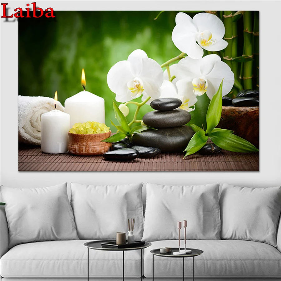 

Zen Spa Still Life 3D diy crystal full diamond embroidery white orchid black stones diamond painting diamond mosaic painting art