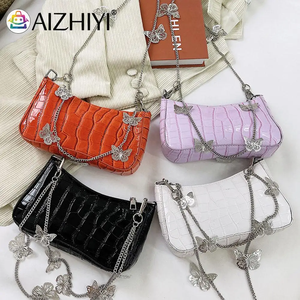 

Fashion Women Butterfly Chain Stone Pattern PU Leather Shoulder Underarm Bag Casual Ladies Solid Color Small Handbags Purse