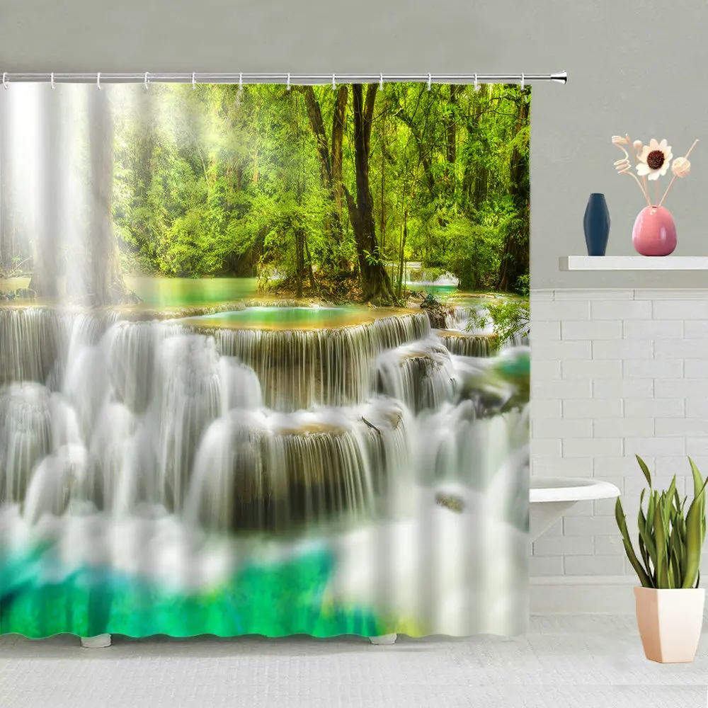 

Waterfall Shower Curtain Natural Scenery Green Forest Trees Plants Stone Bathroom Bathtub Decor Screen Washable Hanging Curtains