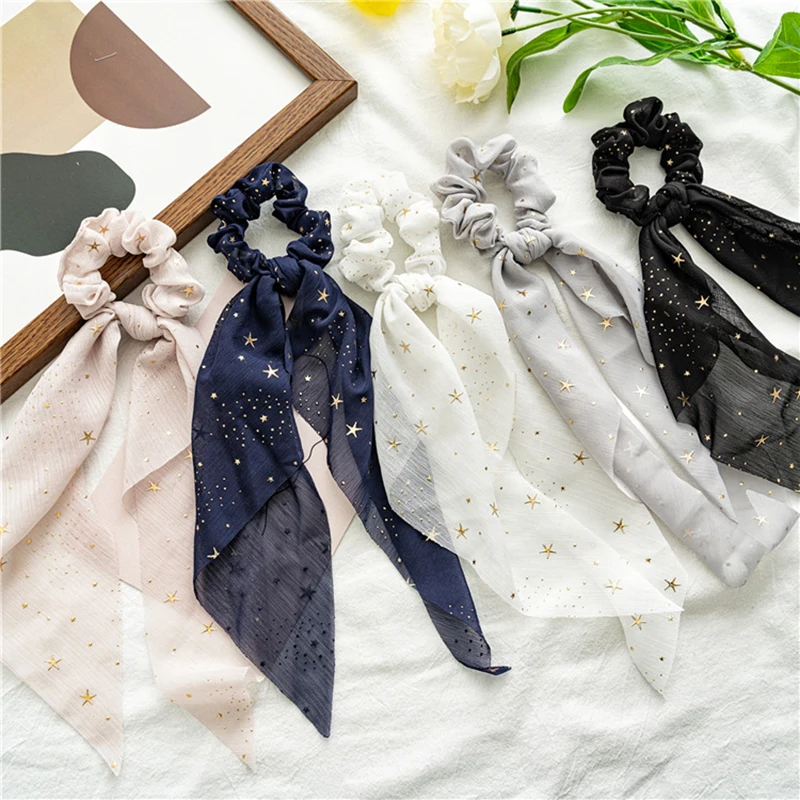 

2021 New Chiffon Ponytail Ribbon Shiny Star Bow Hair Scrunchies Knotted Bowknot Hair Ties Elastic Hair Band Hair Accessories