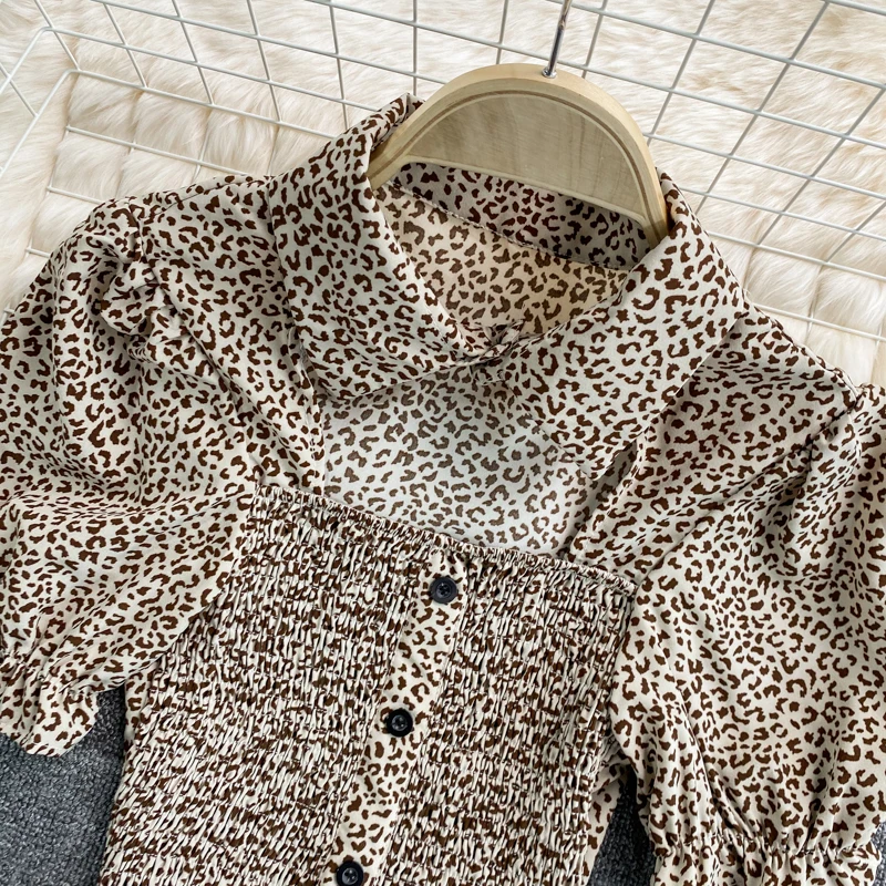 Сексуальное открытое платье с отложным воротником хлопковая блуза леопардовой