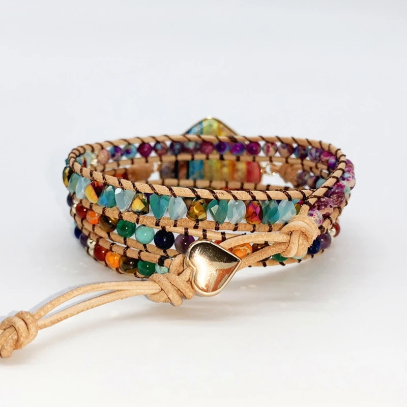 

Handmade Heart Shape Leather Wrap Bracelets Natural Stone Chain Beads 3 Strands Bangle Jewelry