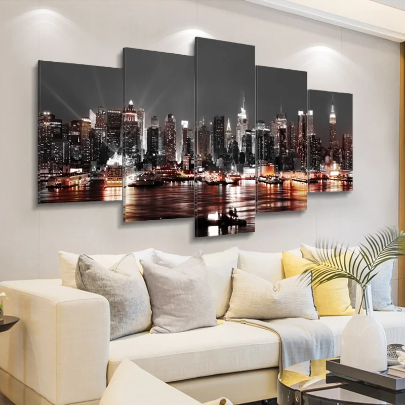 Нью-Йорк Холст Картина Пейзаж печати 5 Панель на холсте ночной вид плакат