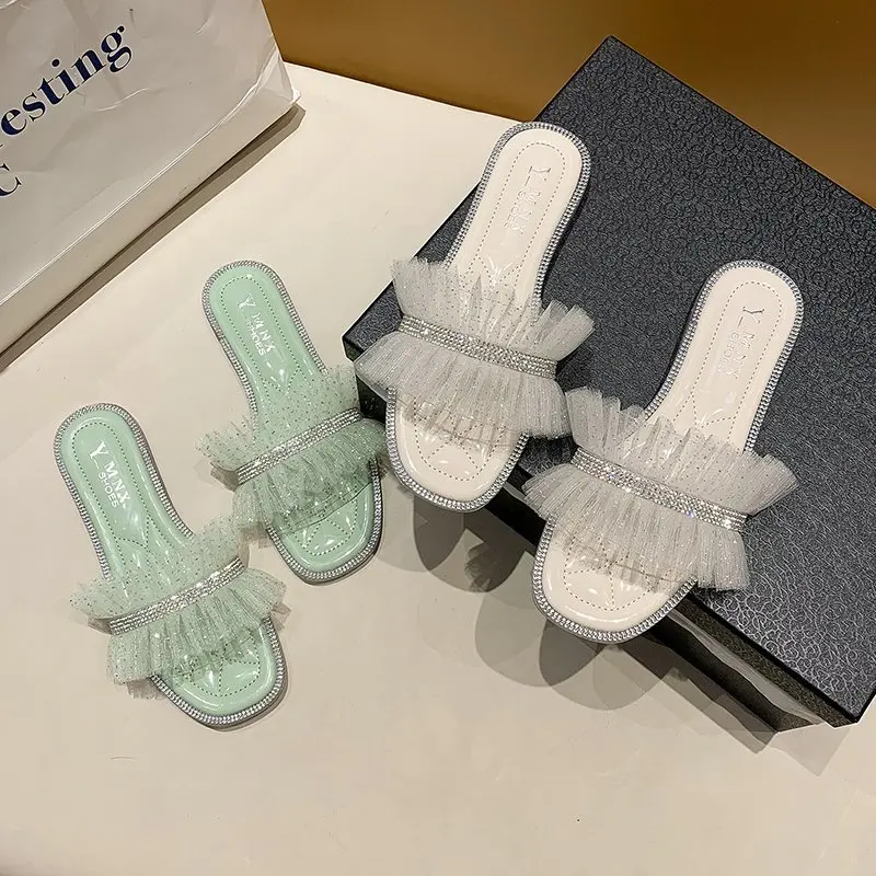 

Student summer new style fairy style flat slippers female outer wear lace rhinestone one-word drag open-toed sandals X768