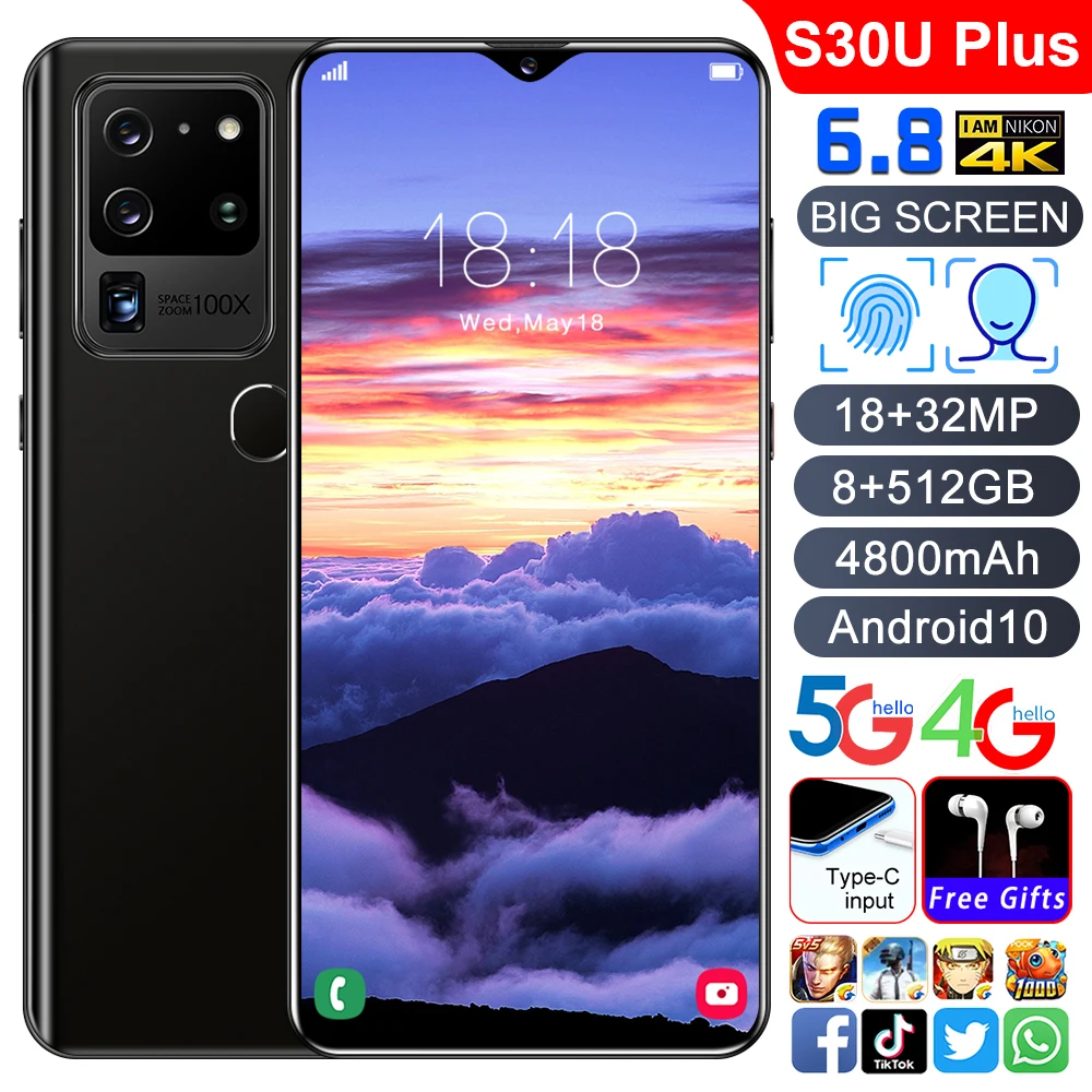 

Последняя версия смартфона S30U Plus на базе Android 11, 8-512 ГБ, 4800 мАч, экран Ultra HD, экран 6,8 дюйма, большой 10-ядерный, простой модный смартфон
