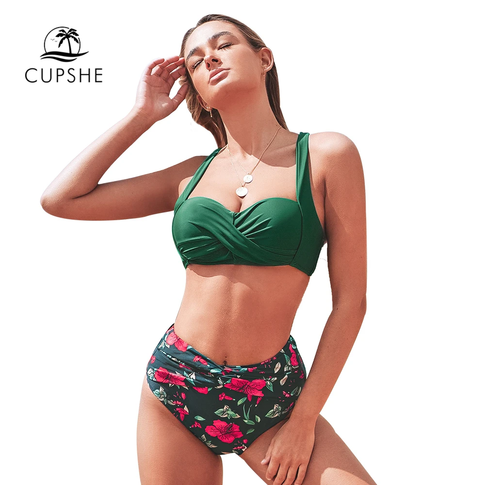 Женский купальник бикини CUPSHE зеленый с высокой талией и цветочным принтом