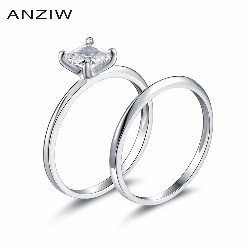 1 карат Принцесса Cut Ring Set Solid 925 стерлингового серебра Bague 2 шт обручальное