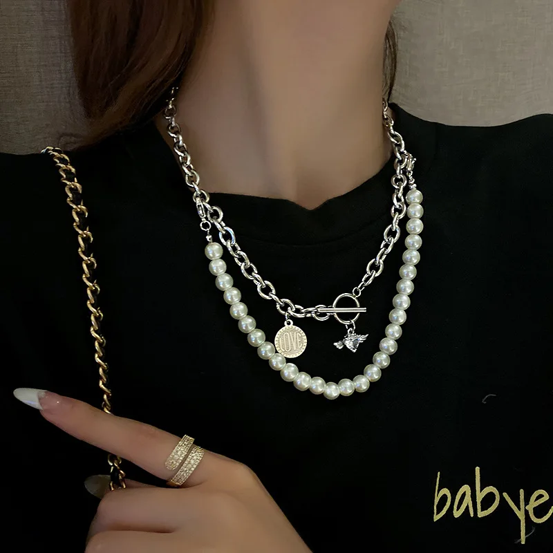 

Double Pearl Chain Necklace Love Heart Coin Pendant Necklace Creative Retro Bead Chain Fashion Necklace Woman Girl Jewelry