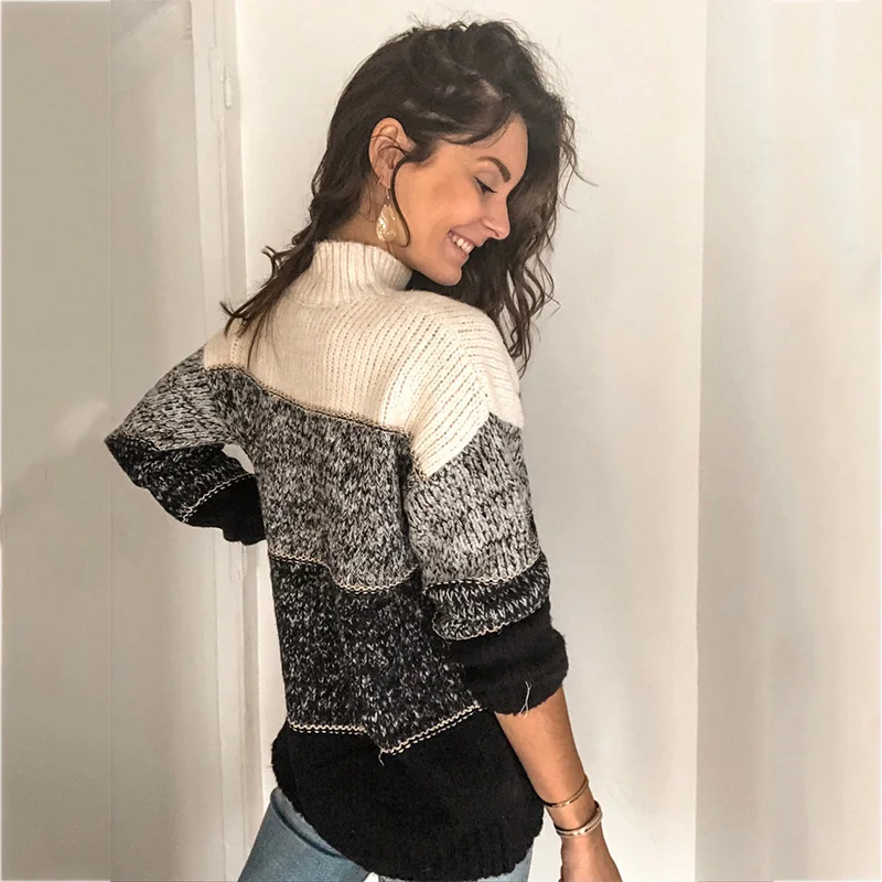 Женский трикотажный джемпер повседневный полосатый свитер с высоким воротом