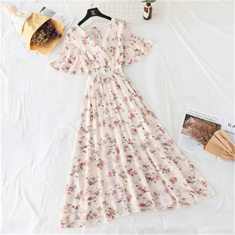 

Women Ruffle sleeve Ruffles V-neck Chiffon summer Dress 2020 Short sleeve Floral print long dress Slim High Waist Vestidos 196