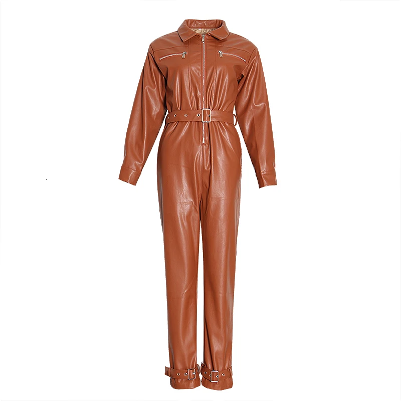 Повседневный женский комбинезон из искусственной кожи с воротником лацканами и