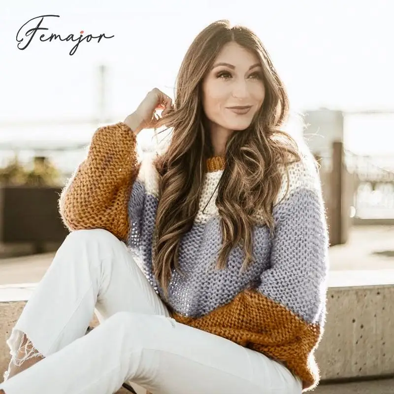 Femajor женский свитер Осень-зима 2019 круглый ворот вязаный пуловер Повседневный