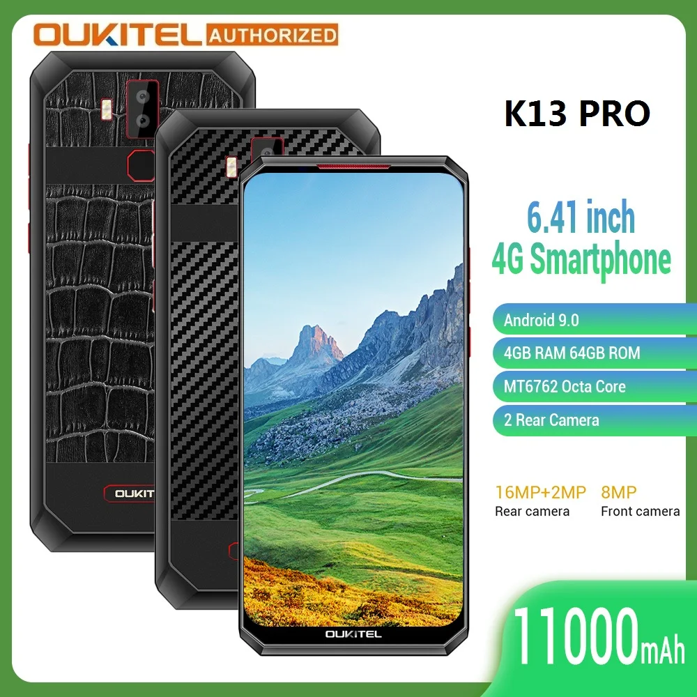 Смартфон OUKITEL K13 Pro 4G Android 9 0 экран 6 41 дюйма 4 Гб + 64 ГБ 11000 мАч сканер отпечатка пальца