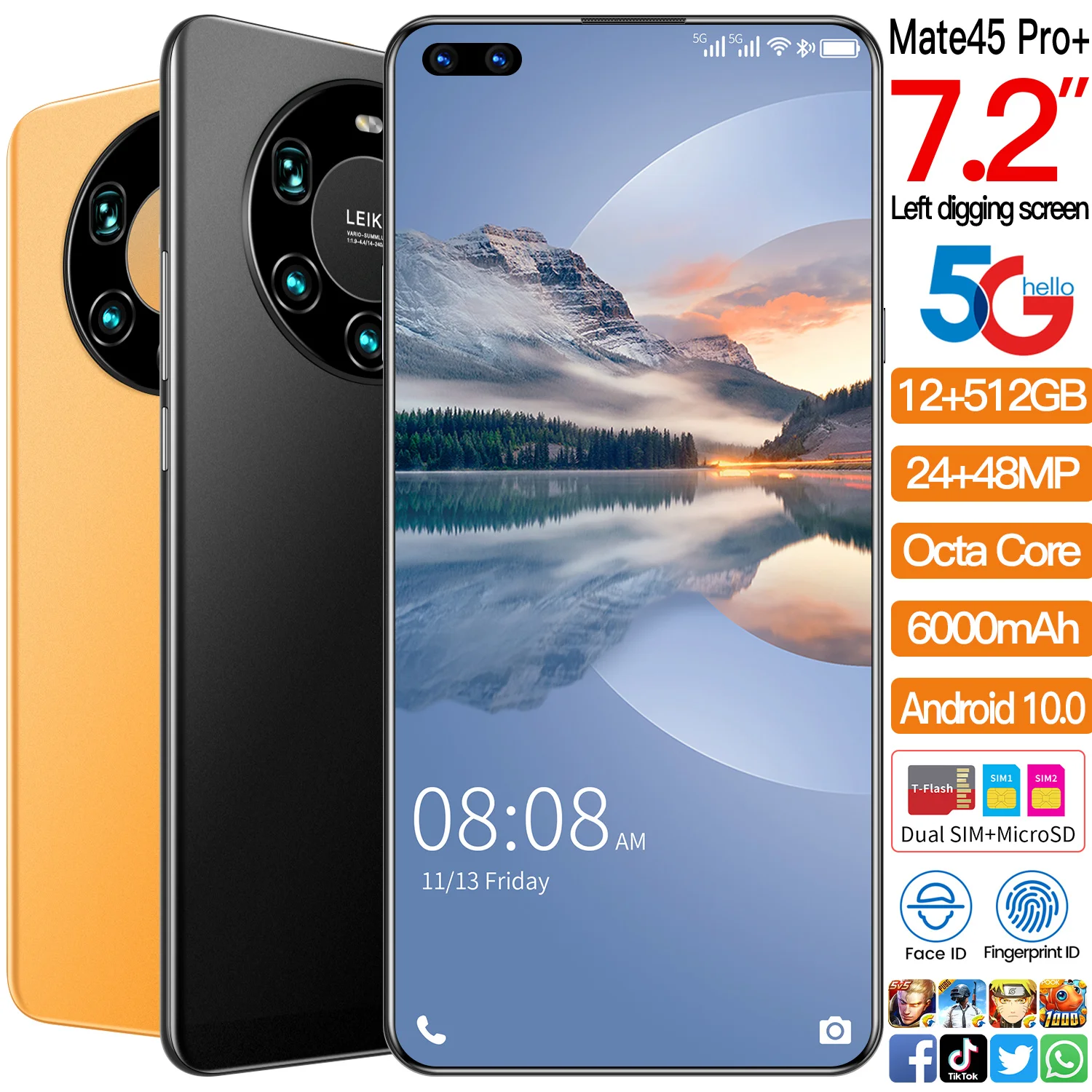 Mate45 Pro-tel&eacute;fono inteligente versi&oacute;n Global, m&oacute;vil con pantalla completa de 7,2 pulgadas, Octa Core, 24MP + 48MP, 8GB, 256GB, red 4G LTE 5G-3