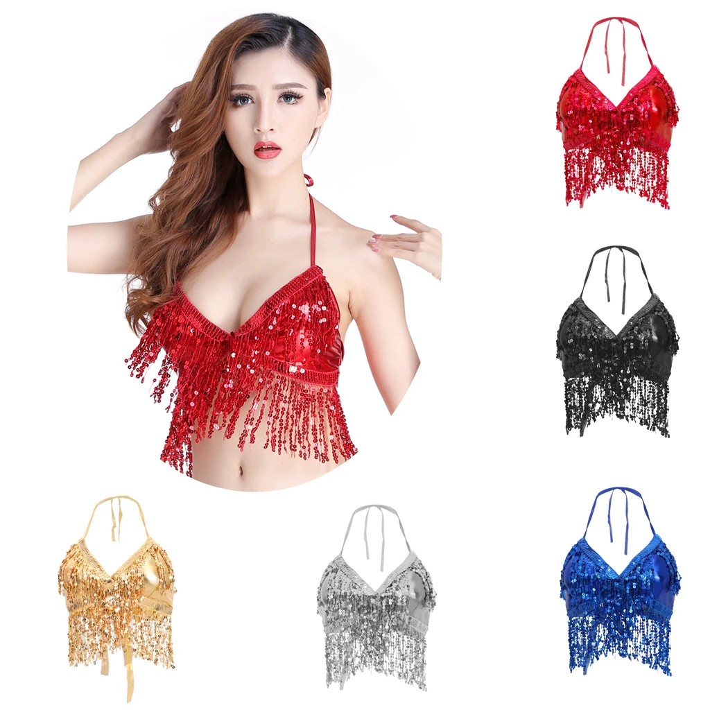 Belly Dance Costume Adjustable Halter Strap Padded Bra Halter Top Sequin Performance Outfits Dancing Parties