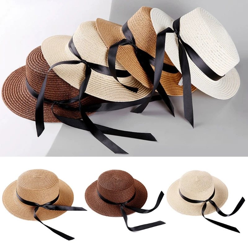 

K3NF Parent-Child Summer Straw Sun Hat UV Protection Flat Wide Brim Bowknot Beach Cap