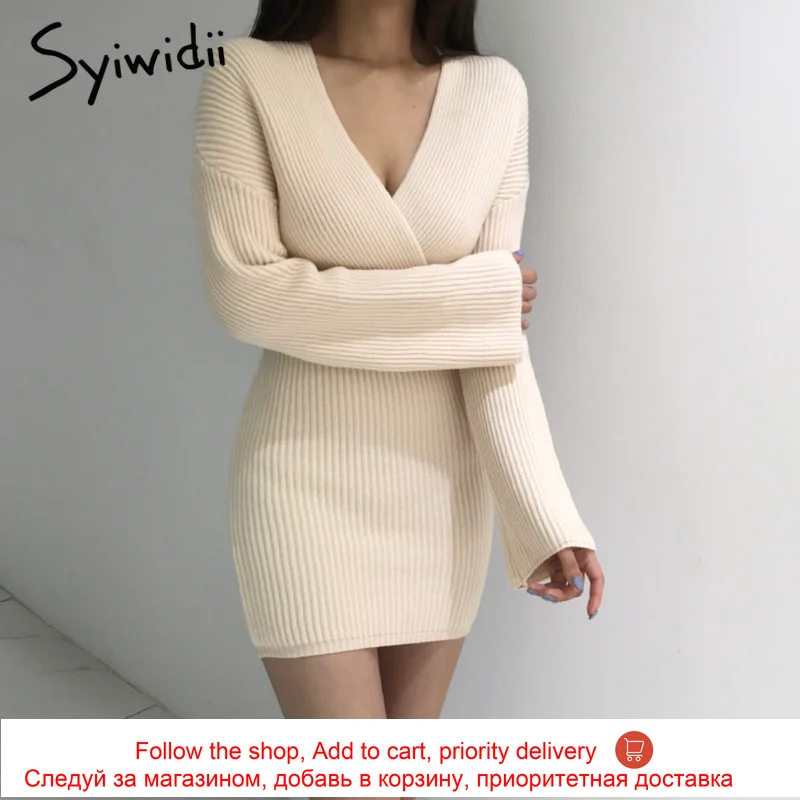 Syiwidii Knitting Short Dress for Woman Fall Winter 2021 Korean New Long Sleeve V Neck Fashion A Line Slim Sweater Mini Dresses | Женская