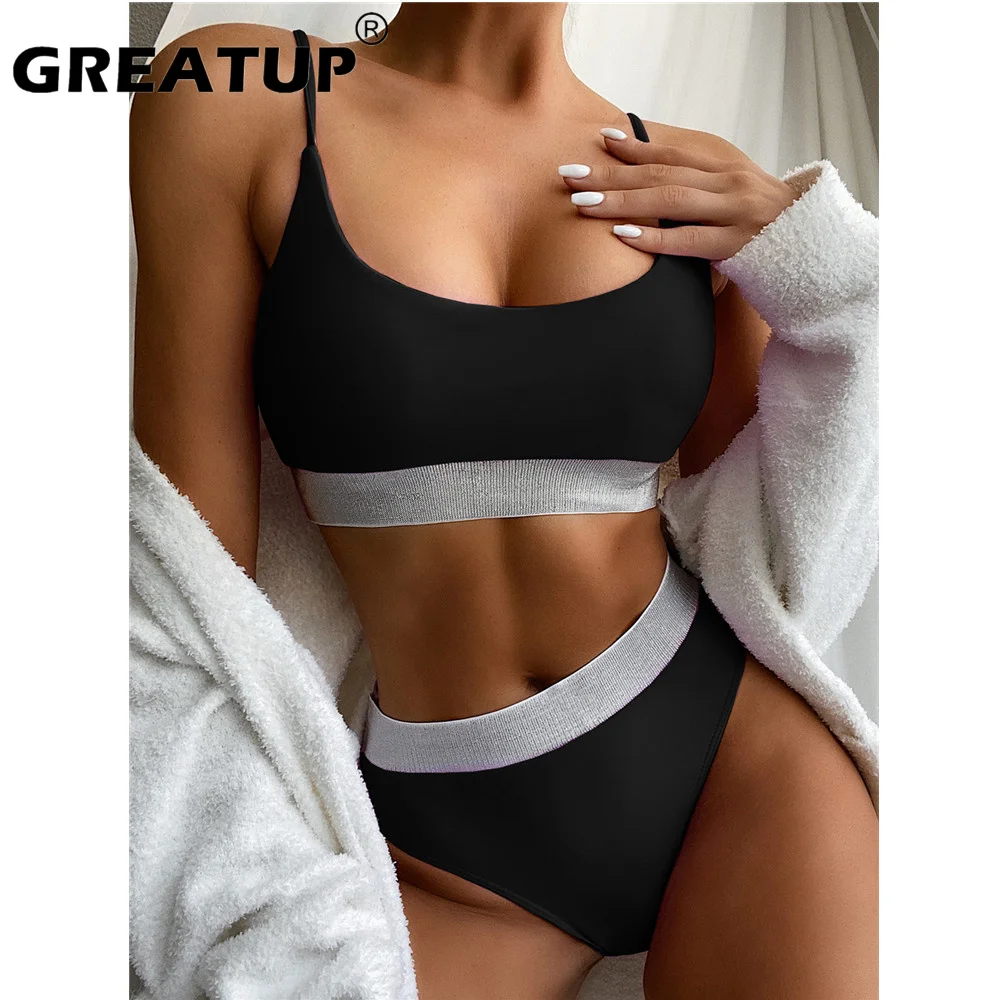 

Купальники GREATUP с высокой талией, женские купальники, бикини пуш-ап, блестящие комбинированные бикини, купальные костюмы с высоким вырезом, ...