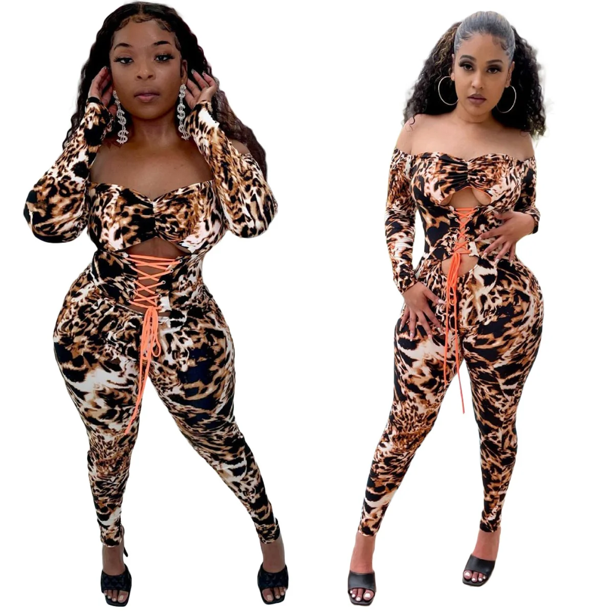 

Zoctuo Women Jumpsuits And Rompers Drawstring Long Sleeve High Street Outfit Romper Hole Sexy Leopard Jumpsuit For Girl Clubwear