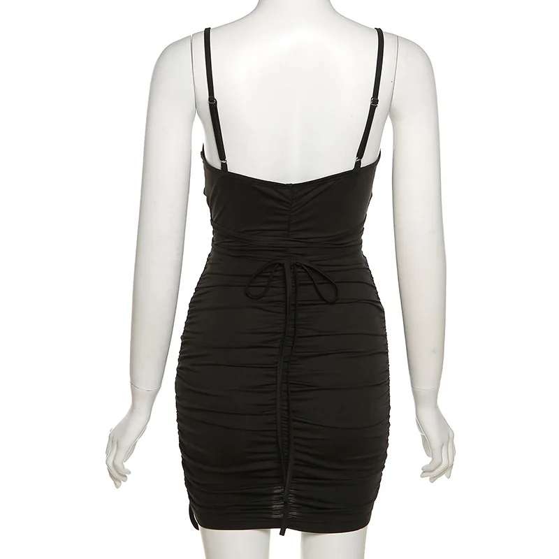 

Bandage Tie Up Hot Sexy Cut Out Backless Ruched Mini Dress Sleeveless Spaghetti Strap Elegant Dress Bodycon Party