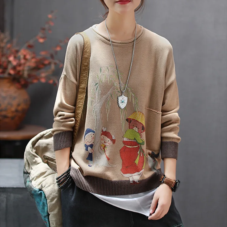 Autumn Sweater Retro Knitting Women Loose Pullovers New 2019 Ladies Tops O-Neck Long-sleeved Print Character Mori girl | Женская одежда