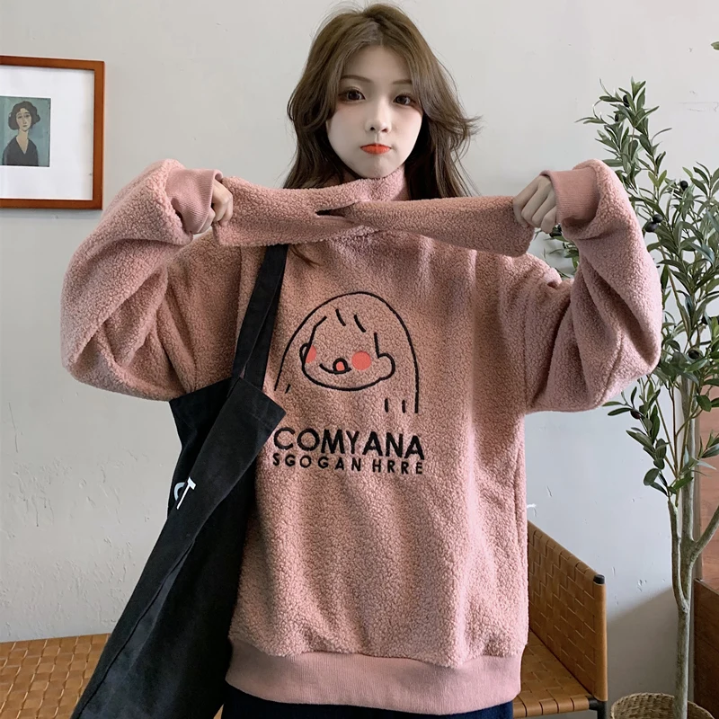 

Pullover Womens Vintage Oversized Warm Winter Fleece Cartoon Girl Letter Embroidery Female Rounded Collar Sweatshirt with Scarf