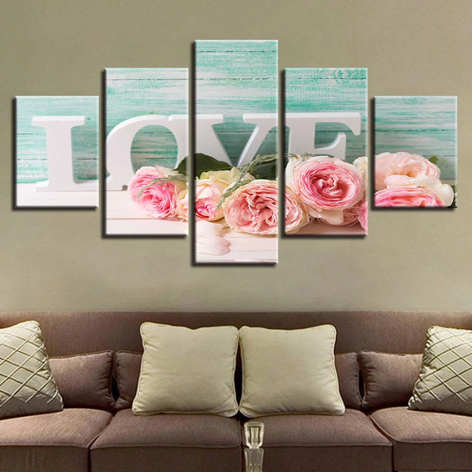 

Wall Art Canvas Paintings 5 Pieces Letters Love And Pink Roses Painting Romantic Modular Decor For Living Room Decoration