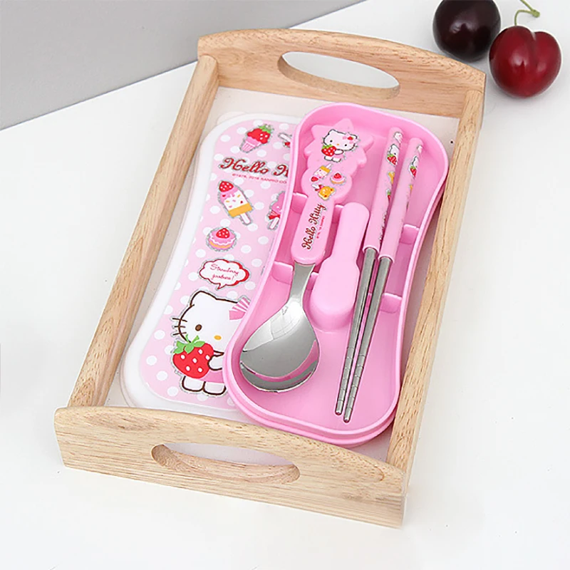 

Student Spoon Chopsticks Box 3Pcs/set Pattern Cat Spoon Chopsticks Box Stainless Steel Tableware