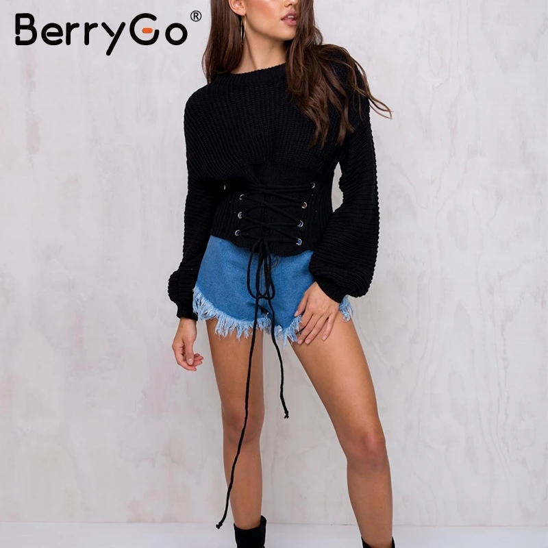 BerryGo Lace up waistband knitted pullover sweater Women black warm long sleeve jumper Autumn winter 2017 knitting pull femme | Женская