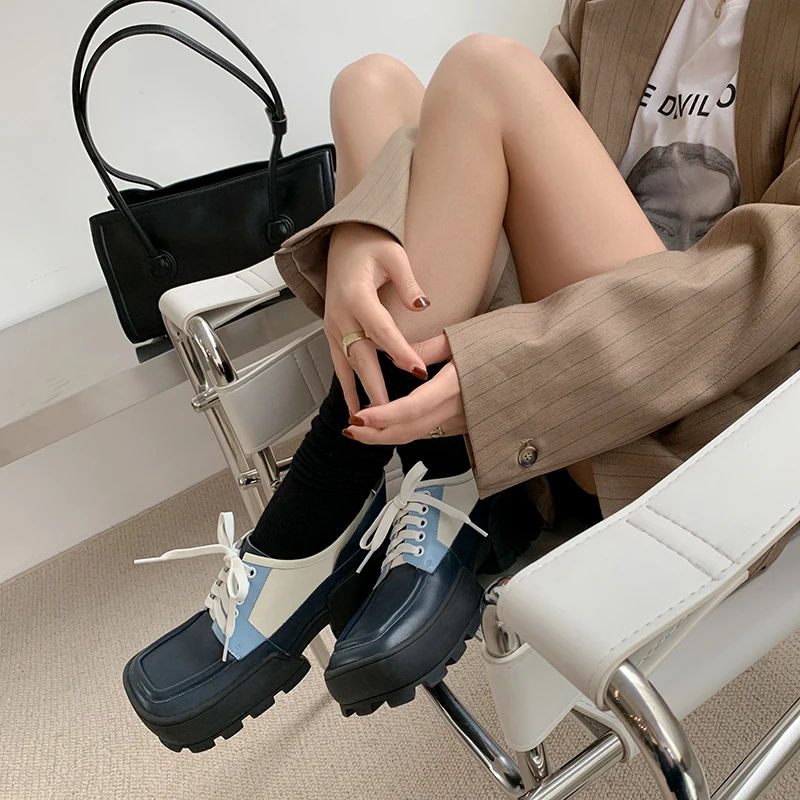 

Autuspin Women Genuine Leather Mixed Colors Shoes New Design Chunky Heels Platform Loafers Lady Fashion Party Punk Casual Pumps