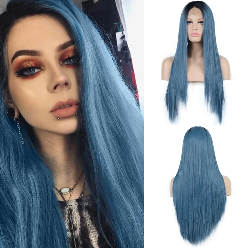 

AIMEYA Ombre Blue Wig Middle Part Long Silky Straight Hair Synthetic Lace Front Wig with Black Roots Ombre Wigs for Women