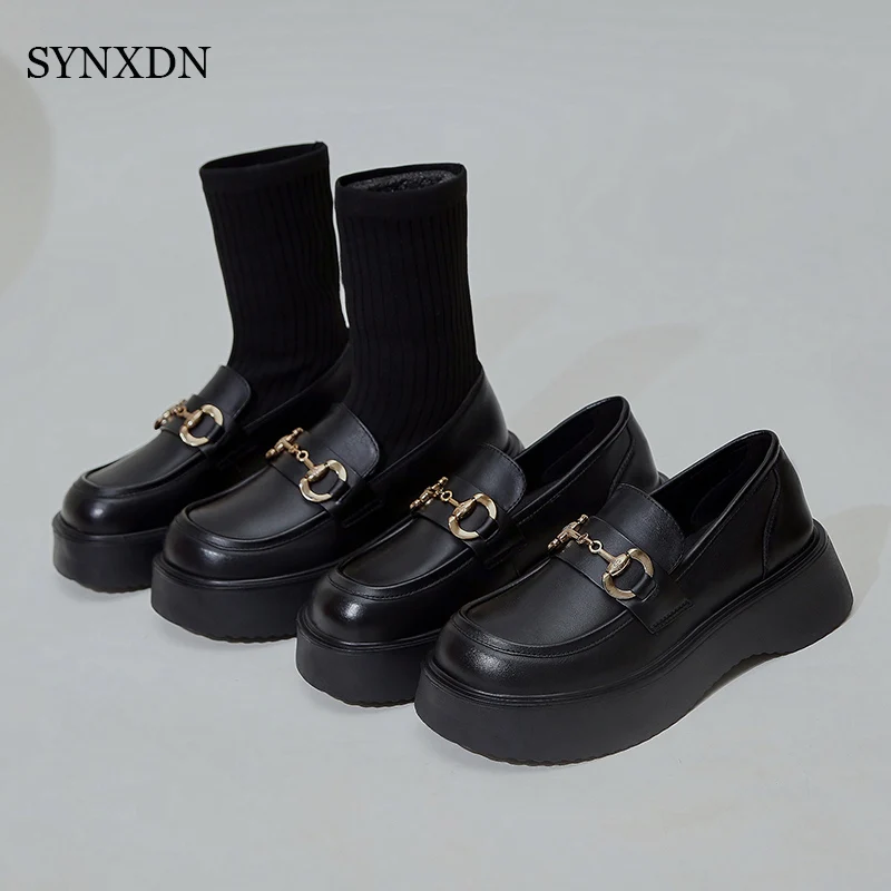 

SYNXDN 2 Style Fashion Women Shoes Autumn Thick Bottom Platform Women Boots Black Chain Socks Shoes PU Shoes FOR Female Size 40