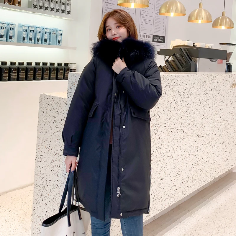 Женская длинная парка с капюшоном и меховым воротником теплая Осенняя верхняя