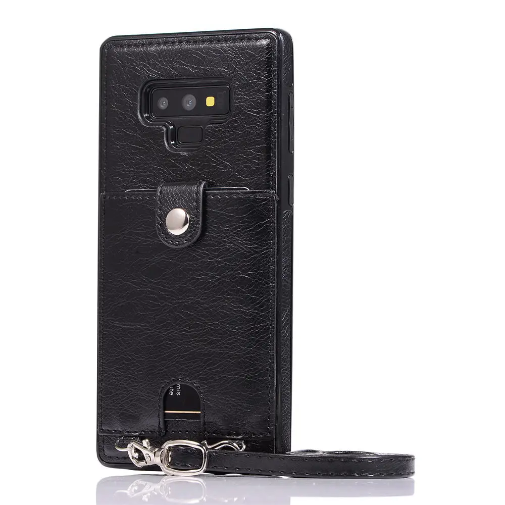Тонкий чехол для samsung Note 10, 9, 8, S8, S9, S10E, S10 Plus, ударопрочный чехол из искусственной кожи с отделением для карт, с ремешком через плечо, с цепочкой, чехол на заднюю панель s9 - Цвет: Черный