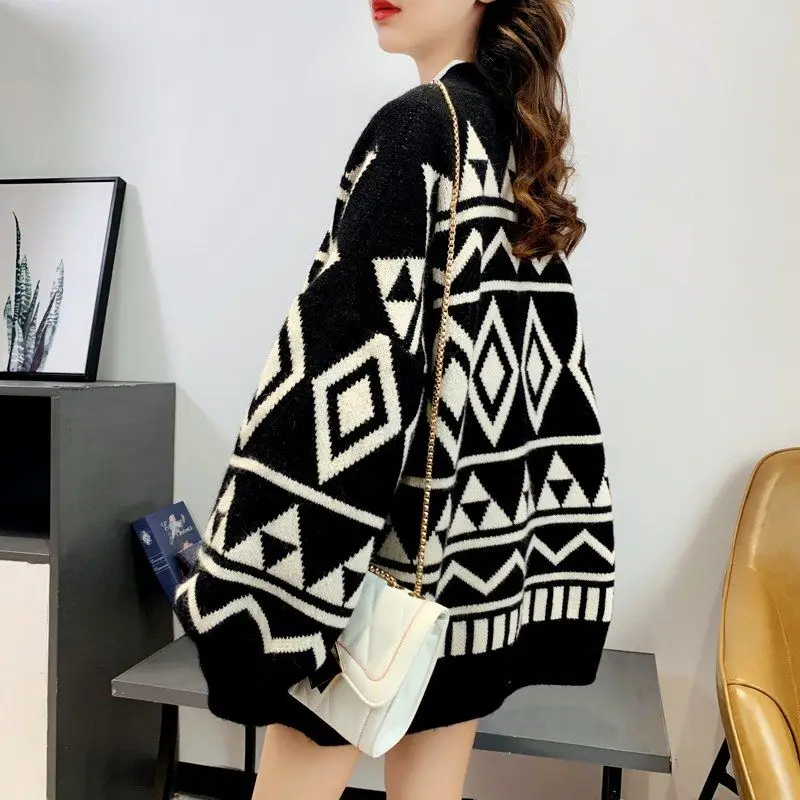

in spring thickened lazy loose wear medium length sweater coat geometric diamond knitted cardigan for women