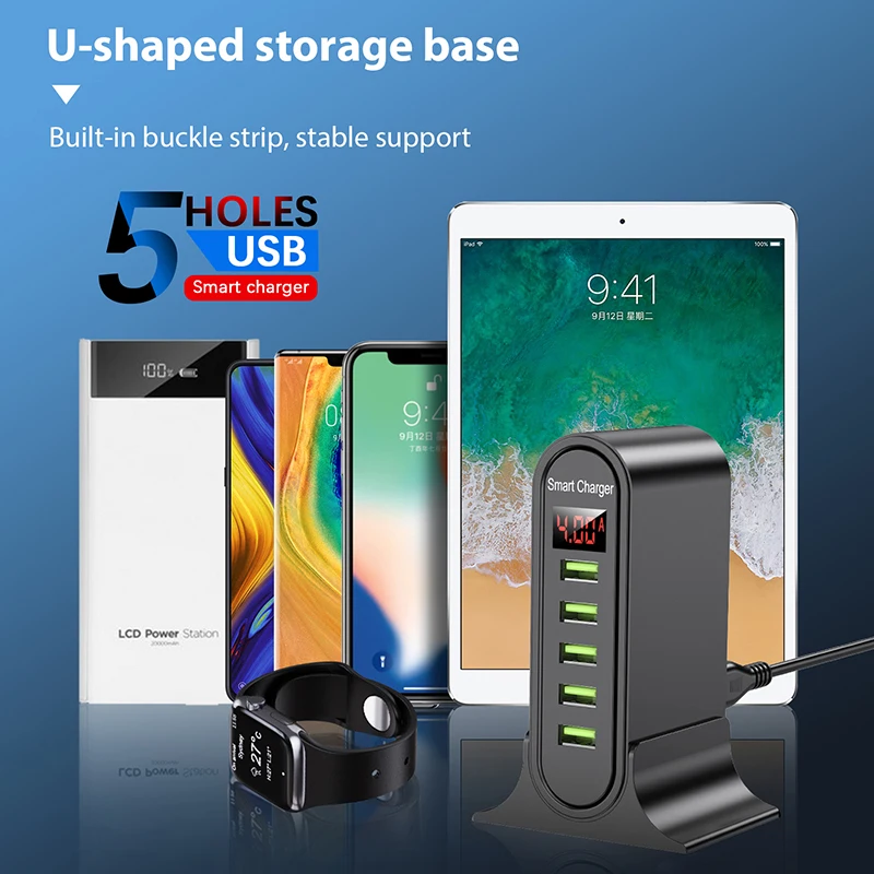 

5 Ports USB Desktop Charger Multi USB Charging Station Dock Desktop Wall Home LED Tower Rapid Charging Station EU Power Adapter