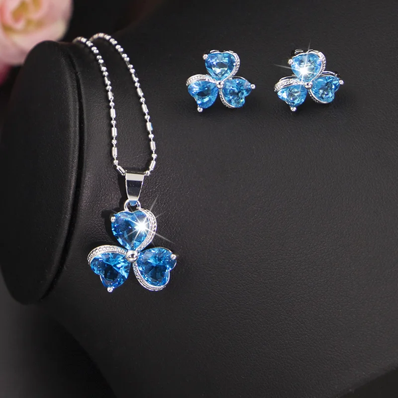 Sky Blue Zircon Silver 925 Costume Jewelry Set For Women Stud Earrings Ring Necklace Bracelet Bridal Fast Ship | Украшения и