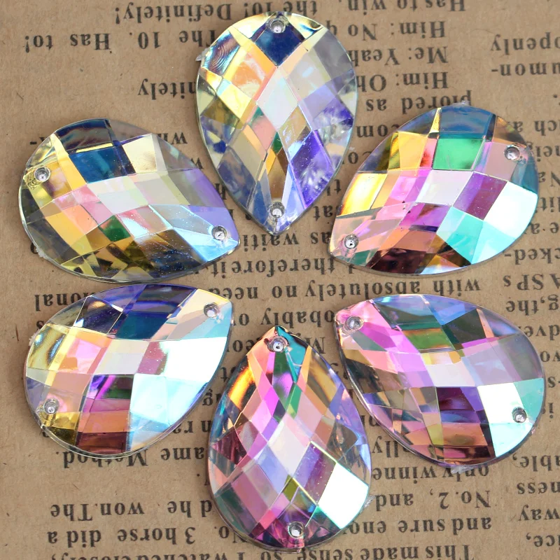 Акриловые каплевидные Стразы всех размеров с 2 отверстиями для шитья Кристальные