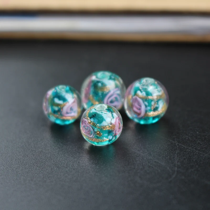 10Pcs 10mm 12mm Handmade Lampwork Glass Flower Beads With Gold Powder Teal Green for jewelry making Wholesale and Retail | Украшения и
