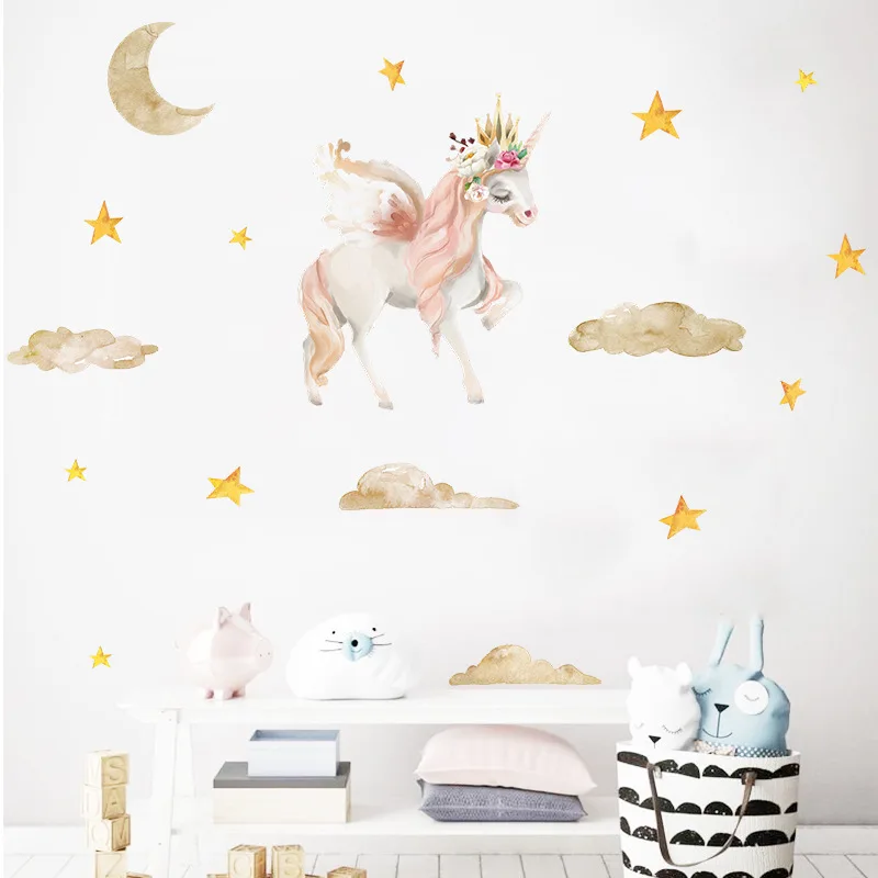 

Watercolor Unicorn Wall Sticker Baby Room Wall Decor Decals Cartoon Vinyl Wallpaper Murals Home Decoration PVC Stickers Posters