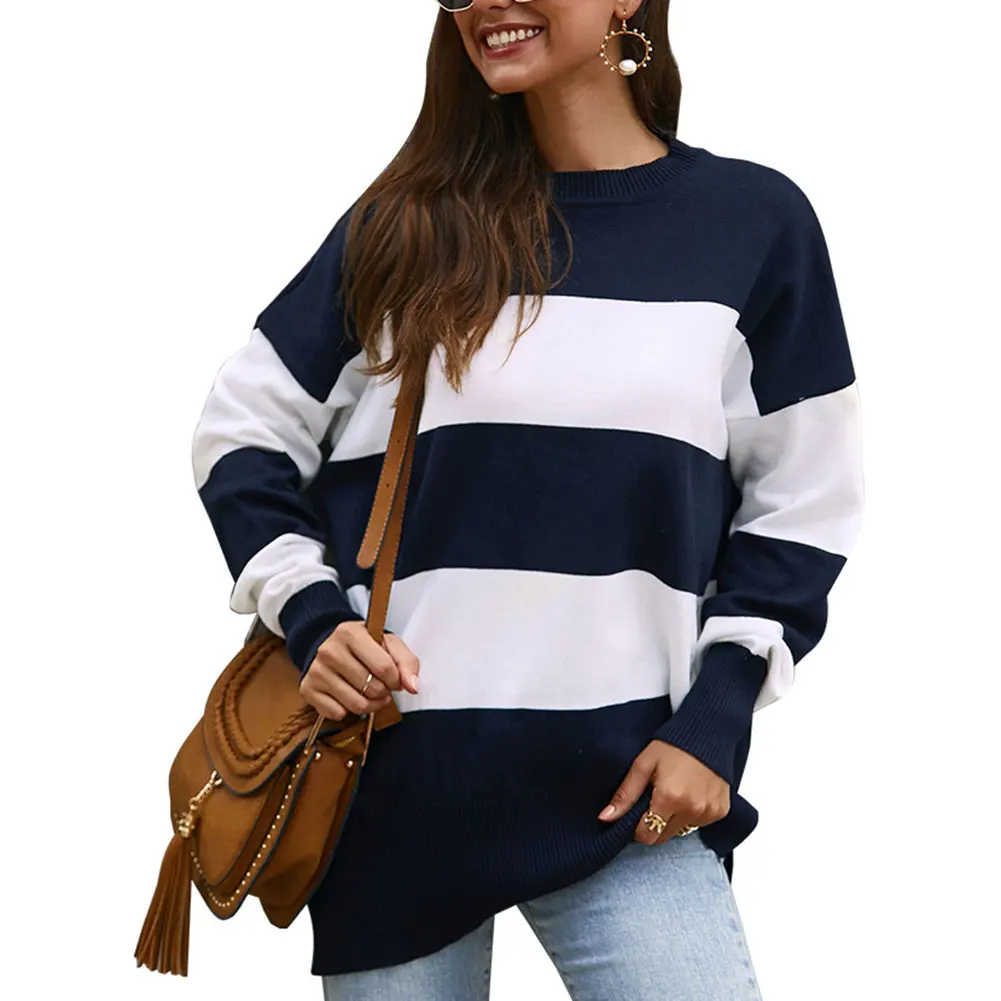 Женский полосатый пуловер вязаный свитер с круглым вырезом и длинным рукавом